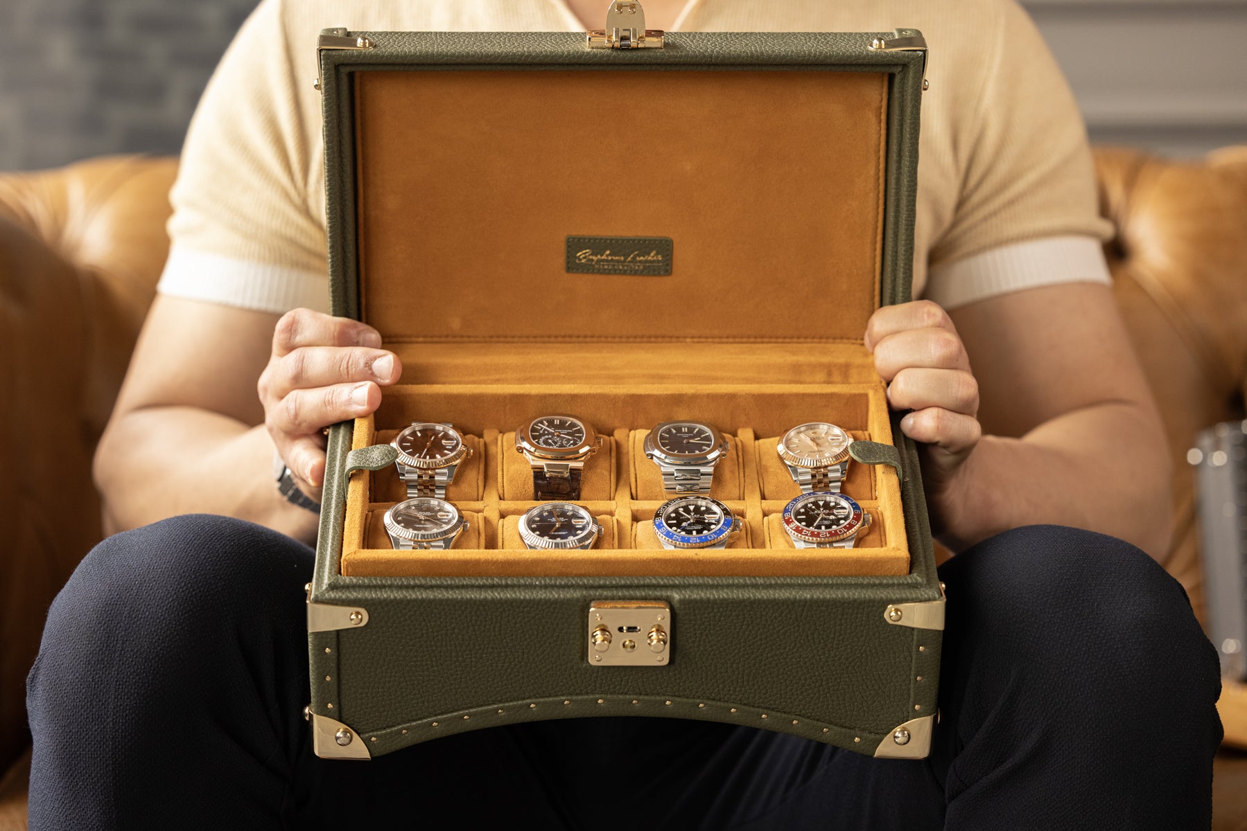 Petra Oval Watch Case - Togo Khaki Green For 8 Watches