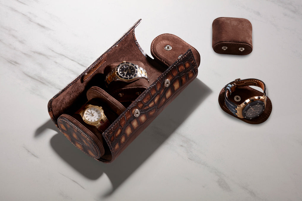 Galata Alligator Patina Brown Watch Roll For 3 Watches