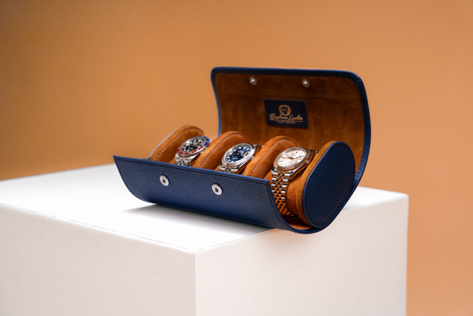 Galata Saffiano Navy Blue Watch Roll for 3 Watches