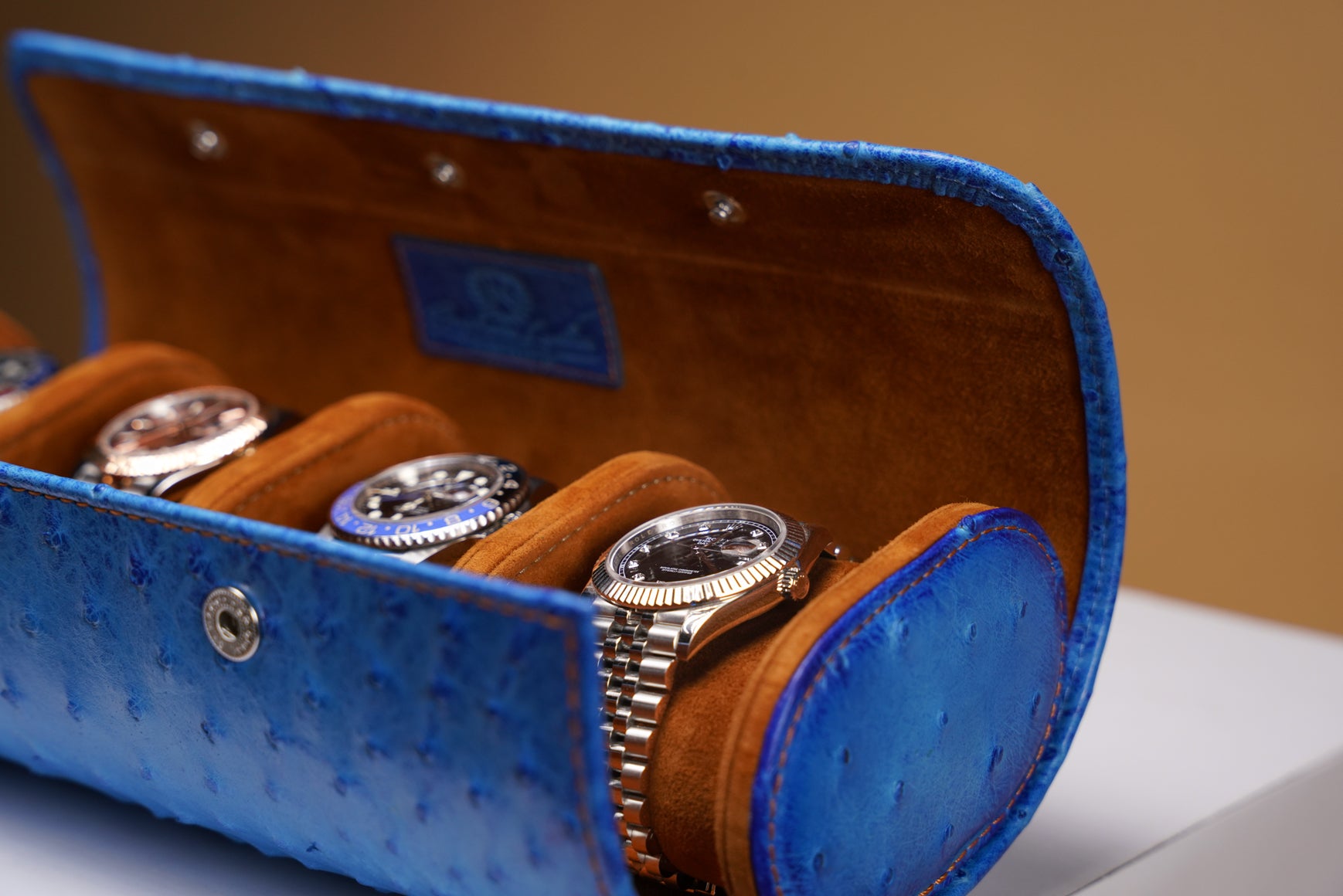 Galata Ostrich Patina Jean Blue Watch Roll For 4 Watches