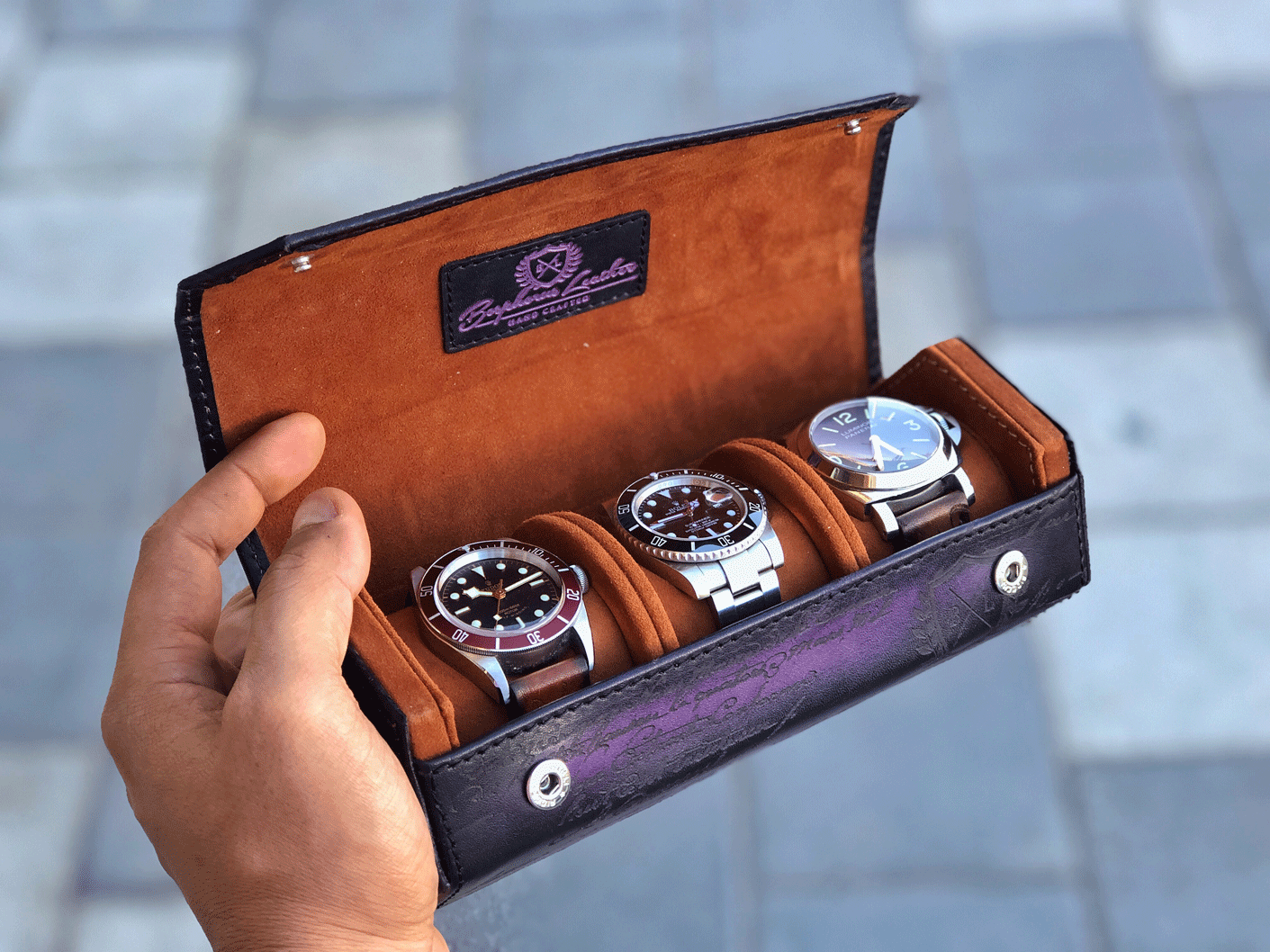 Hexagon Watch Roll - Parchment Patina Purple for Three Watches